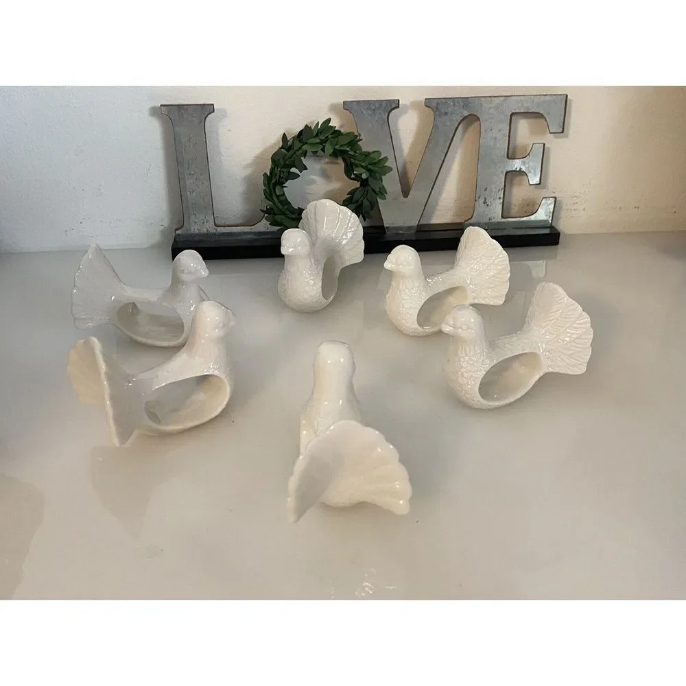 Set of 6 Dove Shafford Napkin Rings Holders Porcelain Bird‎ Retro Table Pigeons